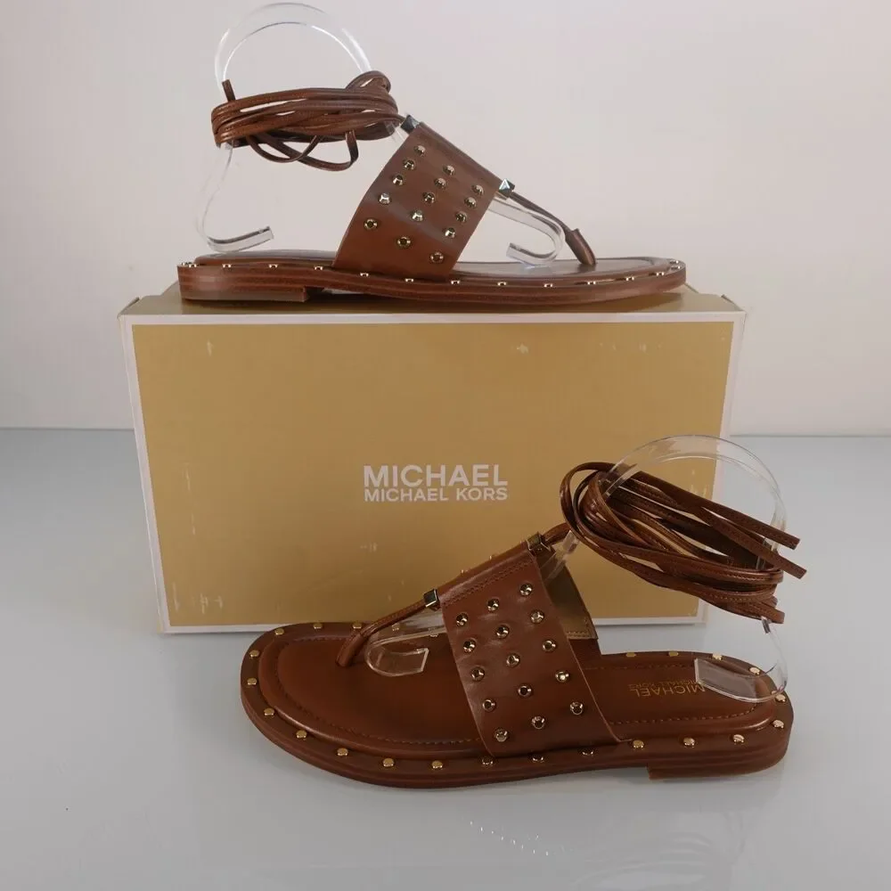 Women's Michael Kors Jagger Flat Sandal Luggage Tan Gold Studded Size 7.5 New